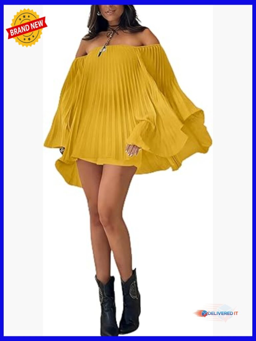 Women's 2 Piece Pleated Outfits Off Shoulder Cape Sleeve Top Shorts Set